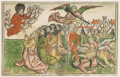 El pueblo de Israel castigado por adorar falsos dioses, alrededor de 1478, de La Biblia de Koberger, Núremberg, 1483