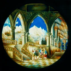 Plato pintado a mano, para linterna mágica hecho en Alemania, representando una vista interior de un palacio y un paisaje, primera mitad del siglo XIX