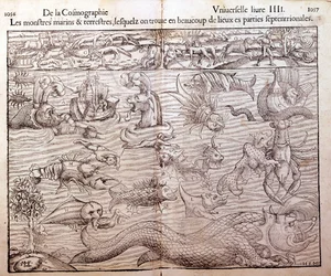 Placa que representa todos los tipos de monstruos marinos y terrestres encontrados en regiones del norte: Xilografía tomada de la Cosmografía Universal de Sebastien Munster. Bale