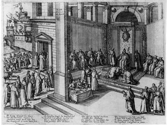 El Papa Clemente VIII acepta la sumisión del Rey de Francia, Enrique IV, en San Pedro el 23 de septiembre de 1595
