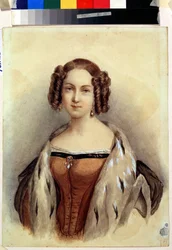 Retrato de la princesa María de Hesse y el Rin (1824-1880), que será emperatriz de Rusia (Retrato de la princesa María de Hesse y el Rin, futura emperatriz de Rusia). Pintura anónima. Acuarela sobre papel, 39,3 x 23 cm, finales de 1830. Arte alemán