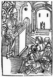 Retrato de Albertus Magnus con algunos de sus alumnos, ilustración para la página de título de Epitomata, reparaciones, o la totalidad de la filosofía natural de Aristóteles por Gerardus de Harderwyck, publicado en 14