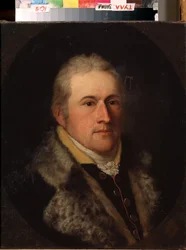 ""Retrato de Clemente de Aquisgrán"" Retrato de un notable probablemente o burgués alemán. Lleva un cuello de piel. Pintura de la escuela alemana del siglo XIX. Museo Estatal de Arte, Tula, Rusia