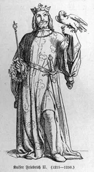 Retrato de Federico II de Hohenstaufen (1194-1250), Rey del Sacro Imperio Romano. Grabado en "Kaiser, König und Papst" por Richard Roth