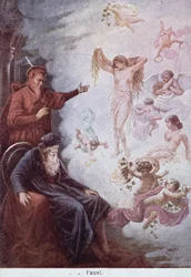 Postal que representa la tentación de Fausto por Mefistófeles, c.1905