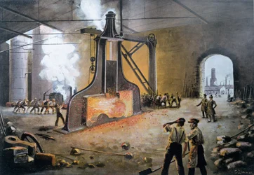 Martillo de potencia inventado por James Nasmyth en Alemania en 1842, grabado por E.Zimmer, de Le XIXeme siecle por Hans Kraemer, c.1900 (grabado en color)