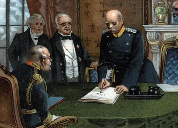 Tratado preliminar de paz del 26 de febrero de 1871 firmado en Versalles, fin de la guerra franco-prusiana entre el jefe del poder ejecutivo de la República, el Sr. Adolphe Thiers, y el Ministro de Asuntos Exteriores, el Sr. Jules Favre, representantes de 