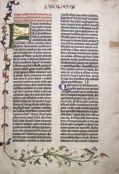 Folio de prólogo con letra "F" dorada y verde, y borde de hojas, flores, enredaderas y pájaro, 1455
