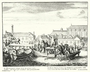 La Reina María, consorte del Rey Jacobo II, huyendo de Inglaterra con el Príncipe de Gales y toda su corte, diciembre de 1688