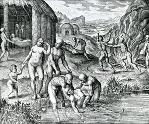 Quibus remediis contra morbos utantur Indiani, ilustración extraída de "Pars Decima Americae", publicada por Hieronymous Galler.