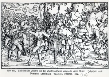 Campesinos rebeldes rodeando a un caballero, de una ilustración de Trostspiegel de Petrarca, 1539