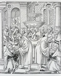 Reformadores Martín Lutero y Jan Hus administrando la Comunión
