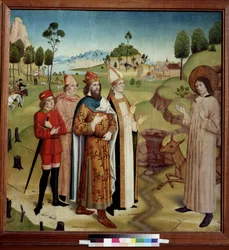 ""Representación del encuentro del rey visigodo Wamba (672-680 dC) y San Gil el ermitaño (o Aegidius) (siglo VII), herido por la flecha de un cazador, con su cierva"" (San Gil y el Rey Wamba en la caza real) Moquillo sobre madera ecológica