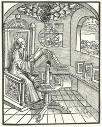 Interior de una habitación con un erudito trabajando, c1500