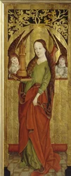 Sainte Barbe o Barbe la Gran Mártir (siglo III). (Santa Bárbara). Llevando sobre una meseta una torre con tres ventanas. Pintura de un maestro de Westfalia (activo entre 1470 y 1480), óleo sobre madera, hacia 1470-1480. arte alemán