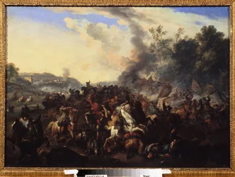 ""escena de batalla"" Jinetes y caballos amontonados durante una pelea. Pintura anónima de la escuela alemana. Museo de Arte Regional del Siglo XVII, Uzhhorod, Ucrania