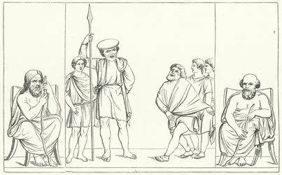 Escena de una obra del dramaturgo romano Plauto (grabado)