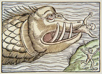 Monstruo marino devorando a una víctima humana
