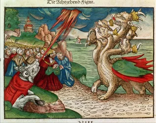 Serpiente de siete cabezas del Libro del Apocalipsis, de la Biblia de Lutero, hacia 1530