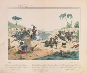 Escaramuza entre las tropas del emperador Faustin I de Haití y la República Dominicana de Santo Domingo en abril de 1851, hoja ilustrada publicada por Fried. Schulz Verlag, Stuttgart, 1851