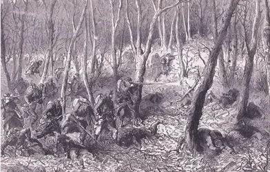 Escaramuza en los bosques fuera de París, Cassells History of the War between France and Germany publicado por Cassell and Company Limited, c.1890