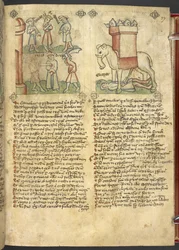 Sloane 361, f.27 El rey Codrus se entrega a sí mismo para que lo maten por su pueblo, y Eleazar Maccabeus apuñala al elefante y es aplastado por él, de 