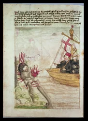 San Brendan en su barco, de la traducción alemana de Navigatio Sancti Brendani Abbatis, c.1476