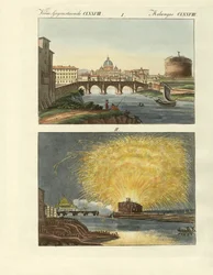 Edificios extraños en Roma (grabado coloreado)