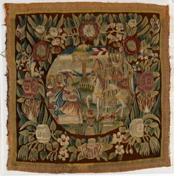 Funda de cojín de tapiz que representa a David y Abigail, Samuel XXV, hecho posiblemente en Hamburgo, Alemania, c.1615 (lana)