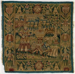 Funda de cojín de tapiz que representa a Píramo y Tisbe, hecha en Hamburgo, Alemania, c.1615 (lana)