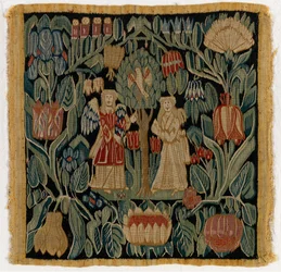 Funda de cojín de tapiz que representa La Anunciación, de Baja Sajonia o Dinamarca, después de 1600 (lana)