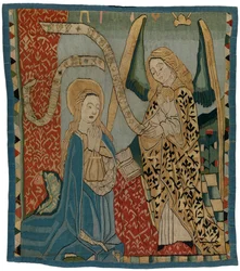 Panel de tapiz que representa la Anunciación, procedente de la Alta Renania (hilos de lana, oro, lino y seda)
