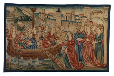 Panel de tapiz que representa el Encuentro de Santa Úrsula y el príncipe Arterio en Mayence, procedente de Renania Media, finales del siglo XV (lana e hilo metálico).