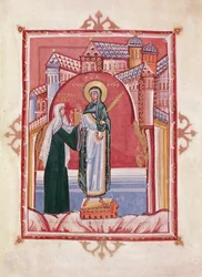 La abadesa Hilda ofreciendo el evangelio a Santa Walburga