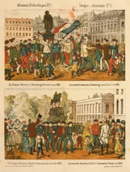 Los reclutas de Alsacia en Estrasburgo (Kleberplatz) en 1869 y en Berlín (Unter den Linden) en 1872, de Elsaesser Bilderbogen, publicada por A. Schneider, Estrasburgo, 1873