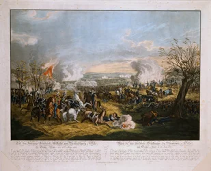 La muerte del duque Federico Guillermo de Brunswick (1771-1815) en la Batalla de Quatre Bras, 16 de junio de 1815, publicado por J.L. Rugendas, 1815