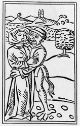 El diablo enamorado de la bruja (El beso del diablo) - grabado de 1489 en «De lamiis et pythonicis mulieribus» de Ulrich Molitor