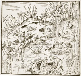 La vara de adivinación, de Bergwerk Buch por Georg Agricola, Frankfurt 1580, ilustrado en una Historia de la Magia, publicado a finales del siglo XIX