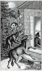 Los cuatro animales gritando en la ventana, ilustración para Los músicos de Bremen, cuento de los hermanos Grimm
