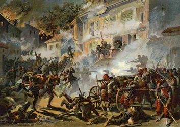 La 22ª División de Infantería Alemana asaltando posiciones francesas en Chateaudun, Guerra Franco-Prusiana, 18 de octubre de 1870