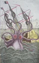 El Kraken arrastra un barco (grabado coloreado)