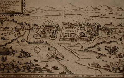 El Asedio de Zolnock por los Turcos en 1552, ilustración de un libro sobre las campañas otomanas en Europa, grabado por Paul Furst