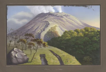 El lado sur de la cumbre del Merapi visto desde una altura de 5231 pies, septiembre de 1836, pl.VII, de Topographischer und naturwissenschaftlicher Atlas zur Reise durch Java, por Dr. Fr. Junghuhn, Magdeburgo
