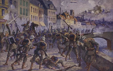 La toma de Lieja, Bélgica, Primera Guerra Mundial, 7 de agosto de 1914 (litografía en color)