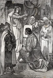 La coronación de Erik XIII de Pomerania como rey de los reinos nórdicos de Suecia, Dinamarca y Noruega, por Margarita I de Dinamarca