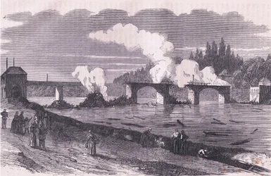 La defensa de París-quema del puente de Asnieres, Cassells History of the War between France and Germany publicado por Cassell and Company Limited, c.1890