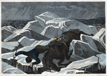 La caída del Conde Sandor y su caballo en el hielo roto del Danubio. En 
