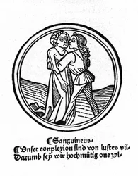 Los cuatro temperamentos: la sangre (cálido y amable). Xilografía, Augsburgo 1480