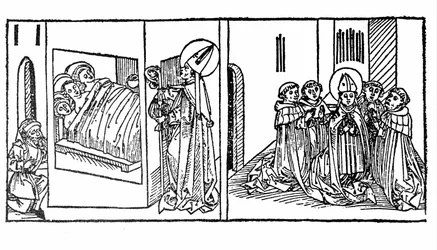 La vida de San Nicolás despertado. Grabado de “Leben der Heiligen - sommerteil” (El libro del santo) por Jacobus de Voragine (1228-1298). Lübeck 1488.