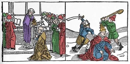 El martirio de San Fabián (siglo III), Papa torturado y decapitado, bajo el reinado del emperador Decio. Grabado de “Leben der Heiligen - sommerteil” (El libro de los santos) de Jacobus de Voragine. Lübeck 1488